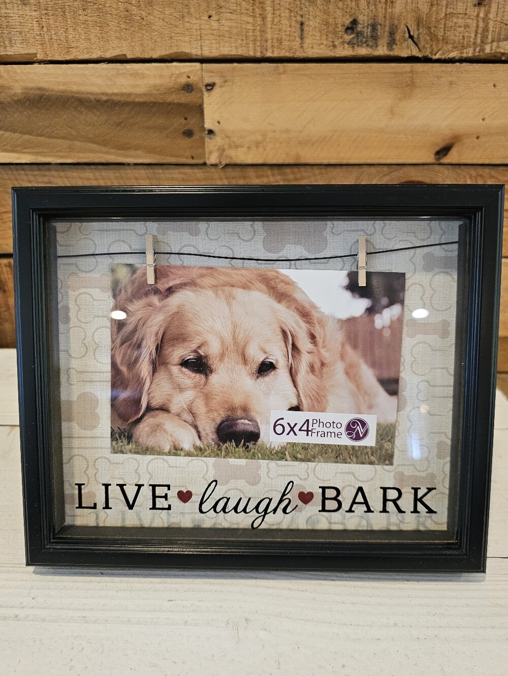 "Live Laugh Bark" 6x4 Dog Photo Frame w/ Clothespin Hanger Detail